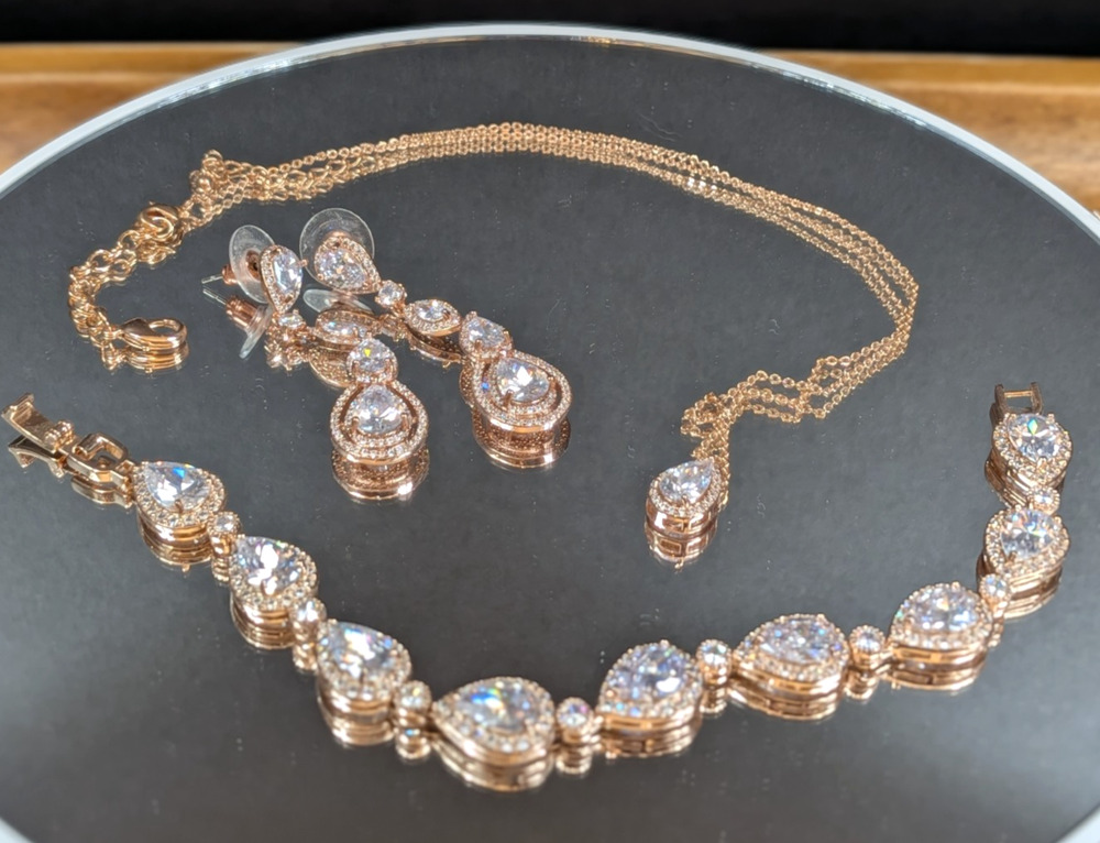 Rose Gold Tone Bridal Jewelry Set Necklace Bracelet Earrings Pear Rhinestone